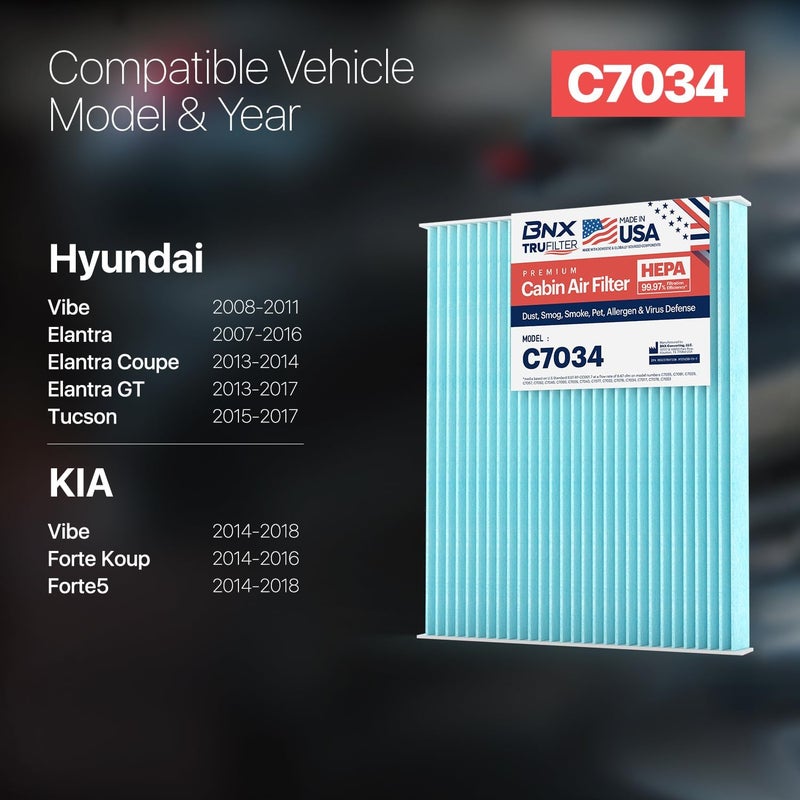BNX TruFilter C7034 Cabin Air Filter, HEPA 99.97%, Compatible With Hyundai: Accent, Elantra, Elantra Coupe, Elantra GT, Tucson, Kia: Forte, Forte Koup, Forte5 - Image 2